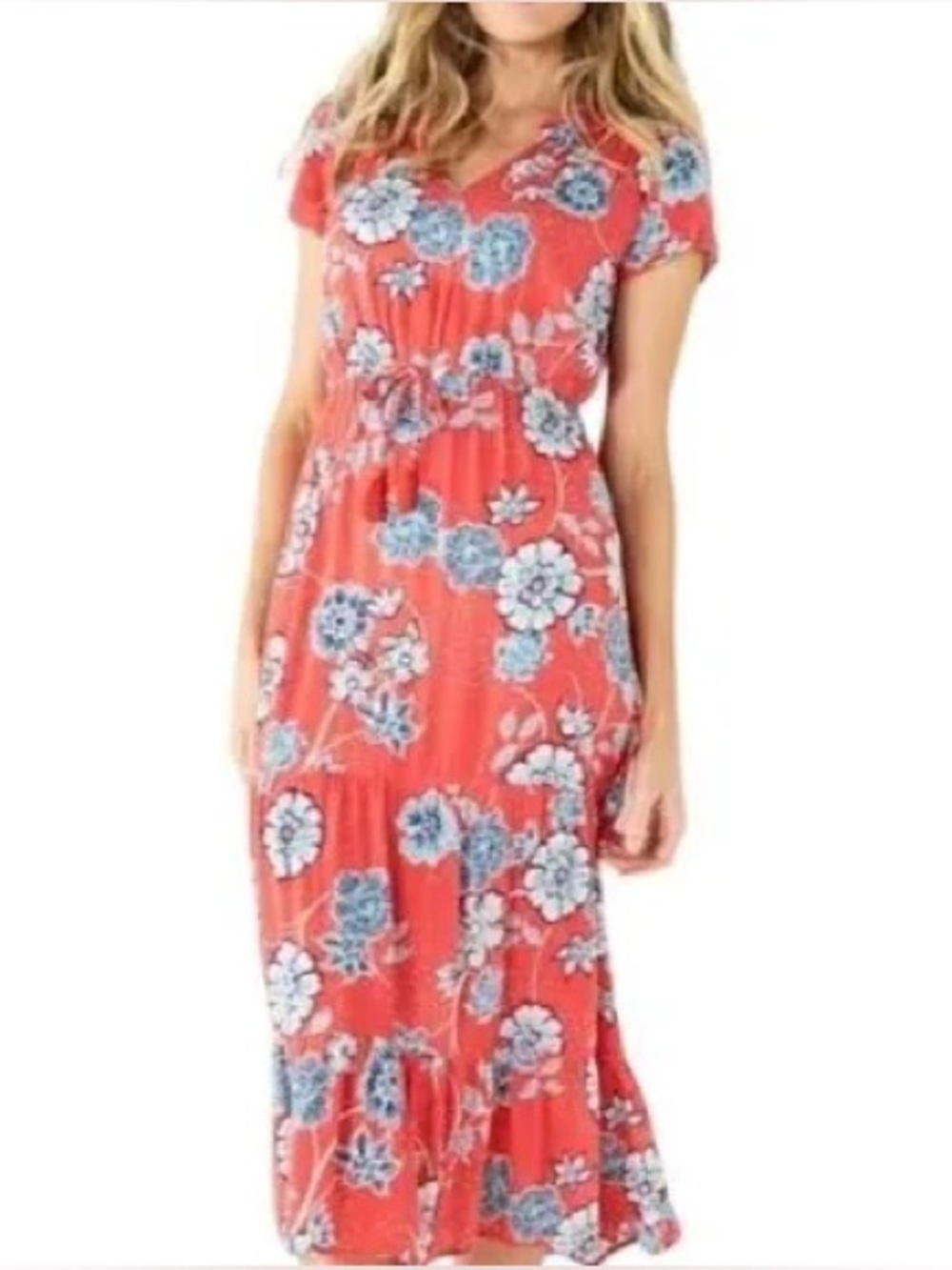Sonoma Coral Maxi Dress with Blue Floral Print
